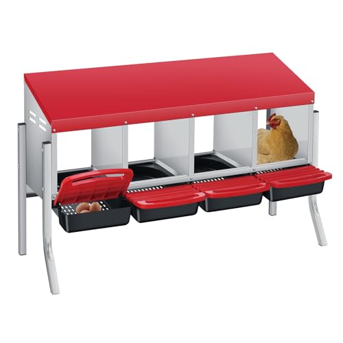 4 Hole Chicken Nesting Box - Heavy Duty Metal Chicken Laying Box, Easy Egg Collection & Cleaning with Removable Tray for Poultry Coop, Backyard, Farm, with Bracket Legs - color: red, size: 4 holes with legs