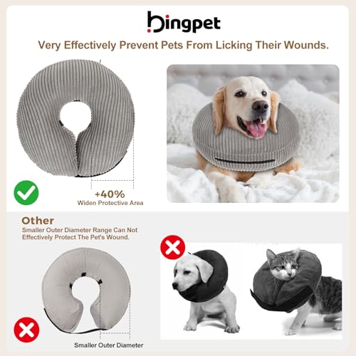 BINGPET Inflatable Dog Cone Collar,Dog Neck Donut Alternative After Surgery | Soft Cone for Large Medium Small Dogs Cats, Recovery E Collar to Stop Licking Pets from Injury, Lightweight Breathable Cotton - color: Grey, size: XL(Neck: 18"-21" | Diameter: 2
