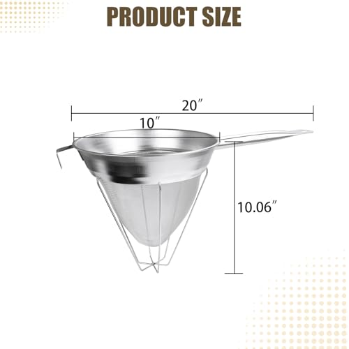 10" Chinois Strainer,18/8 Stainless Steel Conical Fine Mesh Bouillon Sieve | Heavy Duty China Cap Strainers with Stand for Sauces Soups Broth Purees Jam