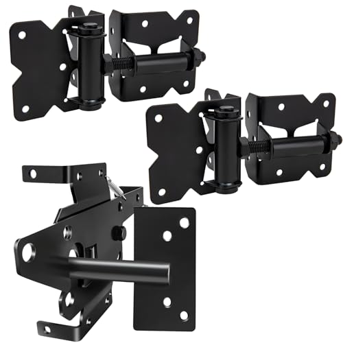 Self Locking Gate Latch and Gate Hinges Set Heavy Duty Hardware Hinges for Vinyl and Wood Fence with Installation Screws and Swing Adjuster Tool Heavy Duty 1 Gate Latch 2 Gate Hinge