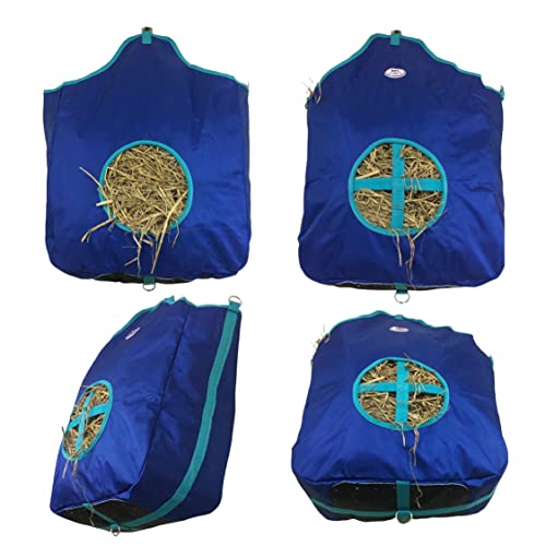 Majestic Ally Nylon Hay Feeder Tote Bag for Horse, Goat, Sheep - Double Sides Open Feed Hole with Faux Leather Ventilated Bottom- Premium Quality -Simulates Grazing - Reduces Waste (Royal Blue) - color: ROYAL BLUE