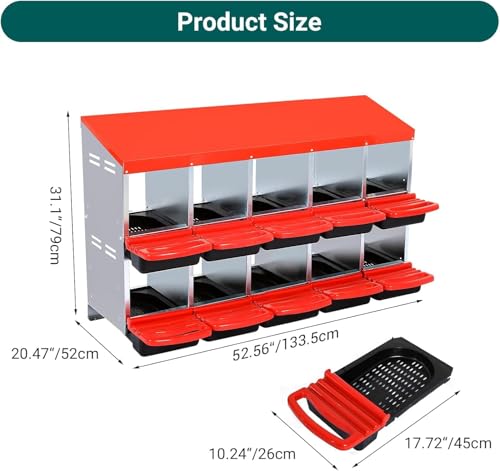 10-Compartment Chicken Nesting Box, Heavy Duty Galvanized Steel Poultry Nest Box, Wall Mount/Freestanding Design for Hens, Ducks, Backyard Homesteads & Farm Use, Red, No Stand - color: Red, size: 10 Room