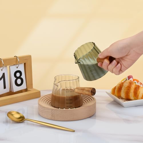 Glass Measuring Cup, 6oz Creamer Pitcher with Wood Handle | Creative Milk Frothing Pitcher Creamer Shot Glass (Gray） - color: Gray