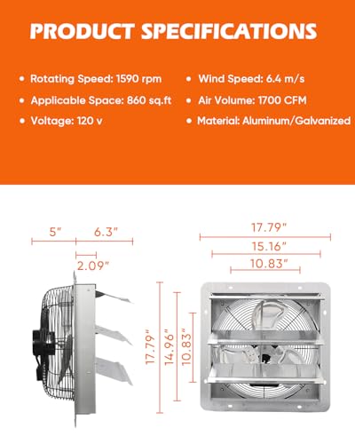 JVO 14" Shutter Exhaust Fan - 1520 CFM, Wall-Mounted for Greenhouses, Attics, Garages & Chicken Coops. Ideal Attic Fan, Greenhouse Vent & Coop Exhaust for Powerful Ventilation & Cooling - size: 14 inch - With Power Cord