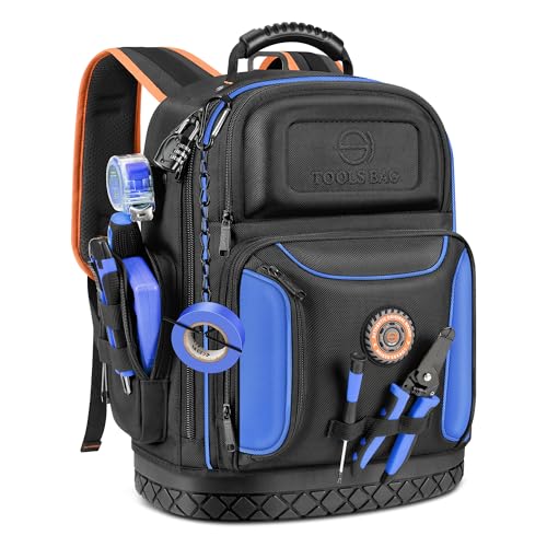 Tool Bag Backpack, 75 Pockets & Loops Heavy Duty Tools Organizer Bags/HVAC Tool Carrier for Eelectrician/Construction Work with Molded Base and Combination Lock, Large - Blue - color: Blue