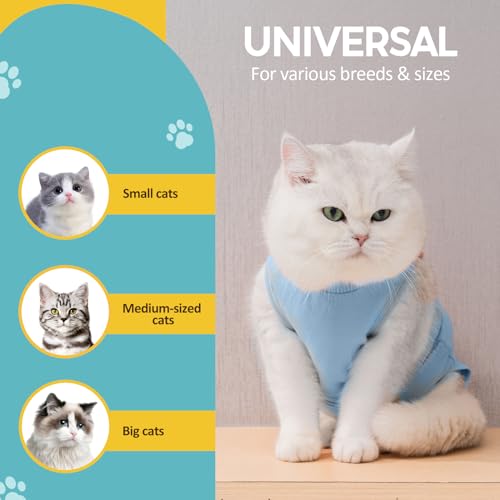 Avont Cat Recovery Suit - Kitten Onesie for Cats After Surgery | Stop Licking, Protects Stitches, S: Neck 8.5"-10.2"/Chest 11.5"-13"/Back 8", Soft & Breathable, Hook & Loop, Blue - color: Blue, size: Small