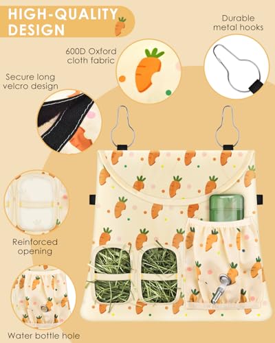 Bissap Rabbit Hay Feeder Bag, 2 Holes Hanging Hay Feeder Guinea Pig Hay Bag with Side Pocket for Rabbits Bunny Chinchillas Hamsters Rats and Other Small Pets Small Animal - Beige