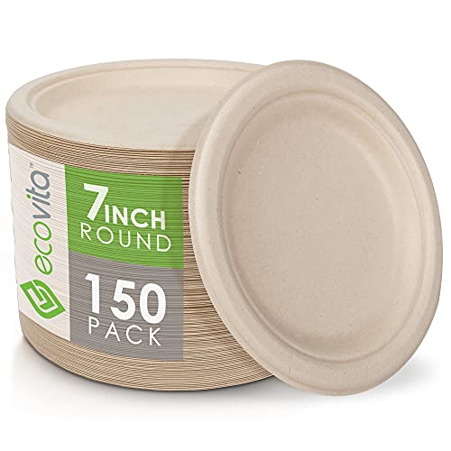 100% Compostable Paper Plates [7 in.] – 150 Disposable Plates Eco Friendly Sturdy Tree Free Liquid and Heat Resistant Alternative to Plastic or Paper Plates