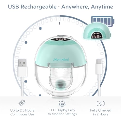 MomMed S33 Wearable Breast Pump with Case, Hands-Free Double Electric, 6oz | Ultra Quiet 45dB In-Bra Pump, Night Light, One-Tap Pause, Leakproof, BPA Free, 17/19/21mm Flange Inserts for Work Travel - color: Green