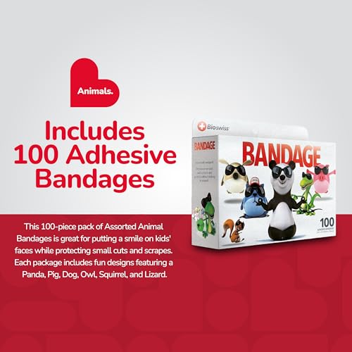 BioSwiss Bandages, Assorted Animal Shaped Variety Self Adhesive Bandage, Latex Free, Sterile Wound Care, 100 Count - size: 100-Count Box, style: Assorted Animals