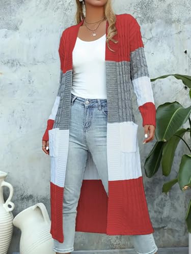 Womens Color Block Cardigan Sweater Long Duster Open Front Sweater in Chunky Cable Knit Plus Size Cardigan - color: 01-red, size: Small