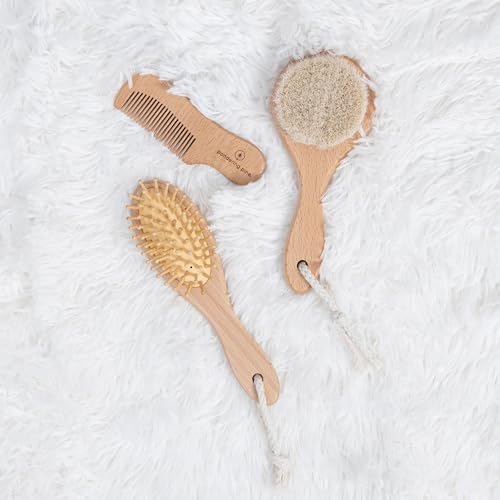 Natural Baby Hair Brush Set with Boho Bag - Goat Hair Cradle Cap Brush, Toddler Brush and Comb - Scalp Grooming Baby Hairbrush for Newborn and Infant, Wooden Brushes for Boys and Girls - color: Sage