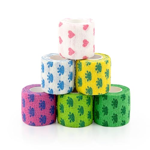 Vet Wrap Cohesive Bandages, Self-Adhesive Bandage Wrap, Breathable Non-Woven Self Adherent Tape for Pet Dog Leg Paw Wound, Horse, Cat, First Aid & Ankle Sprain, 2 Inch, 6 Rolls - color: Paw Prints B