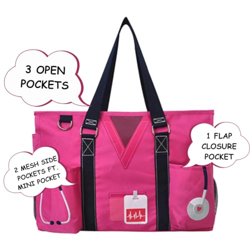 NGIL Utility Water Resistant Tote Bag | Work Tote for Women, Nurse Bag, Teacher's Choice Purse, Gym Bag, Everyday Organizer Top Zipper Closure - color: Nurse-hot Pink