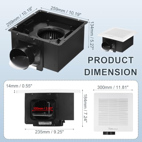 Bathroom Exhaust Fan, 140CFM Bathroom Fan Ceiling Mounted 10"x10" | Ventilation Fan Large Air-flow Capacity Bathroom Fan, 4 Inch Duct, No Attic Access Needed - size: 12"