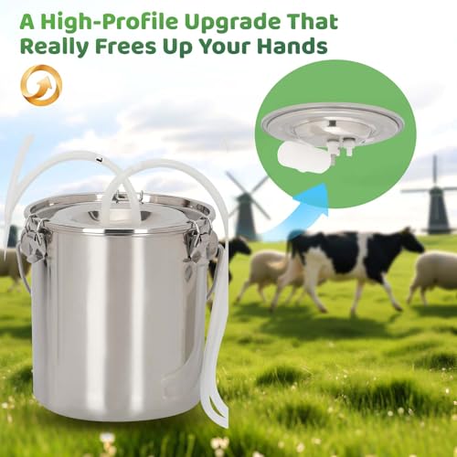 7L 2-in-1 Milking Machine for Goats and Cows, Electric Goat and Cow Milking Machine, Battery Powered Pulsation Vacuum Pump, Portable Rechargeable Milker, Stainless Steel Bucket with 4 Teat Cups