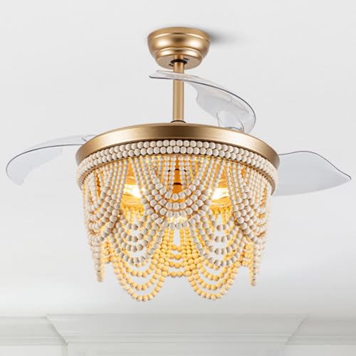 42“ Boho Fandalier Ceiling Fan with Light Retractable Ceiling Fan | Wood Beaded Chandelier Light for Bedroom Living Room, Coastal Fandelier, Reversible Quiet 6 Speeds 3 E26 Bulbs (Not Included) - color: Gold