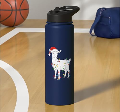 Cute Christmas Goat Kids Santa Hat Holiday Lights Farm Funny Stainless Steel Insulated Water Bottle - color: Navy Blue