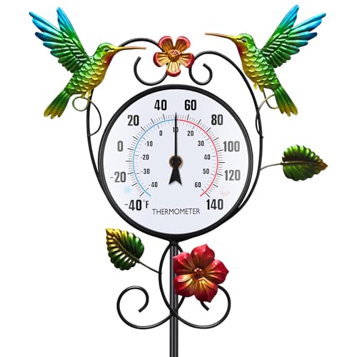 Hummingbird Outdoor Thermometer with 35.7" Stake Waterproof | Hanging Wall Outside Thermometer for Patio Garden Yard Porch Indoor Decor, Easy to Read, No Battery Required - style: Hummingbird