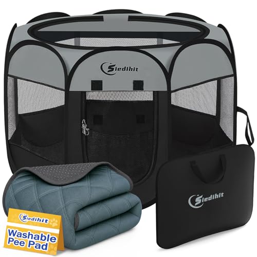 Siedihit Dog Cat Playpen with Washable Pee Pad, Puppy Pet Playpen | Indoor for Small Dog Crate Tent Cage Outdoor, Portable Pop Up Dogs Enclosure Kennel with Carrying Case,Dark Grey - color: Dark Grey with Pad