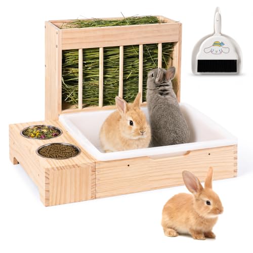 3-in-1 Rabbit Hay Feeder with Litter Box, Bowl Tray for Small Bunnies | Hay Storage Holds 0.7 lb of Hay, Includes a Mini Brush,Easy Clean,Wooden Bunny Toilet for Netherland Dwarf, Polish - size: Medium