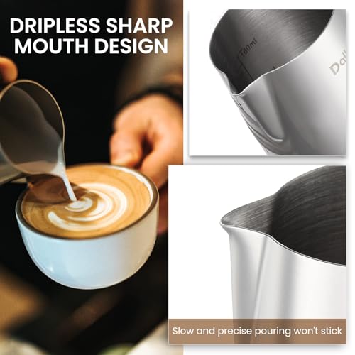 Dailyart Small Milk Frothing Pitcher 6.8oz/200ml Milk Steamer Cup | 304 Stainless Steel Milk Frother Cup with Scale & Special Dripless Spout, Frother Cup Espresso Machine Accessories - size: 6.8 Ounces