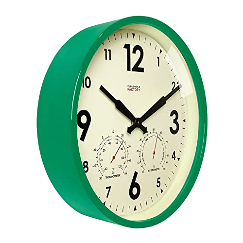Cloudnola Indoor Outdoor Waterproof Metal Wall Clock with Thermometer and Hygrometer, Green, 12 inch Silent Non-Ticking Battery Operated Quality Quartz Round Clock for Patio and Home Decor