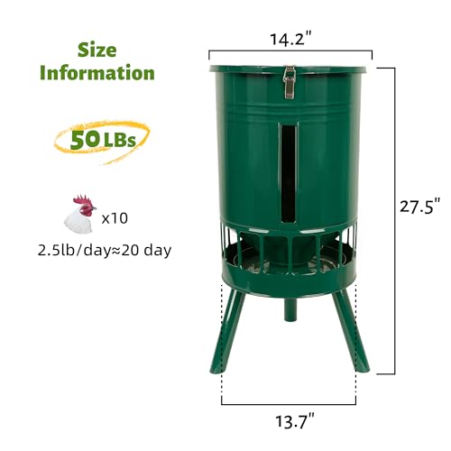 KOL 50LB Metal Chicken Feeder - No Waste, No Clog Design with 16 Ports & Smooth Gravity-Flow, Powder Coated Rust-Proof for Coop Use (Green) - color: Green