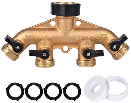 Brass 4 Way Faucet Splitter, 4 Port Manifold, 4-Way Garden Hose Splitter, 3/4" Heavy-Duty Spigot Adapter with Individual Shutoff Valves, Solid Brass Manifold, Leak-Resistant - style: 4 Way-1PC