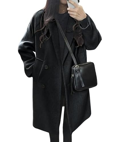 Women's Winter Double Breasted Coats Casual Loose Notch Lapel Wool Blend Pea Coat Warm Long Overcoat - color: Black, size: Small