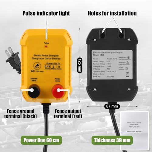 Electric Fence Charger Kit 0.15J 2 Mile 50 Insulators 250ft Wire | 110VAC Plug in Energizer, Aluminum Wire for Poultry Pets, Socket Tool, Garden Pond Protection, AC Powered Outdoor Containment - style: 0.15 Joule