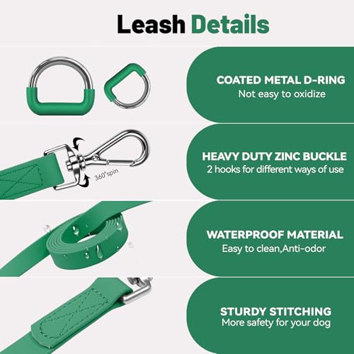 Waterproof Dog Leash with Poop Bag Holder, 5FT/6FT Adjustable Length with 2 Swivel Hooks, Odor-Free & Easy-Clean Dog Lead for Large Medium Small Dogs - color: Dark Green, size: 5FT - 3/5inch Width