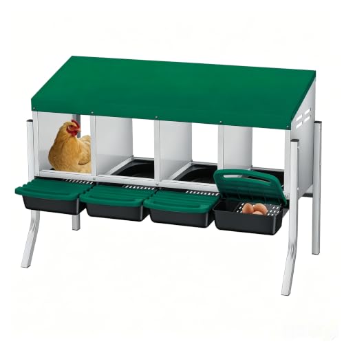 Galvanized Steel Chicken Nesting Box 4 Compartment with Pull Out Tray, Roll Away Nest Boxes for Laying Hens Egg Collection, Wall Mount Poultry Nest Box for Coop with Handle, Green, with Legs - color: Green, size: 4 Compartments with Support Legs