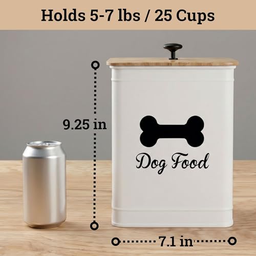 Metal Dog Food Container 5-7lb, 25 Cup w/ Airtight Bamboo Lid, Metal Handle | Pet Jar For Dogs up to 50lbs, Airtight Bamboo Lid, Sturdy Comfortable Metal Handle, Powder Coated Iron, Kibble Storage Bin - color: White: Bone