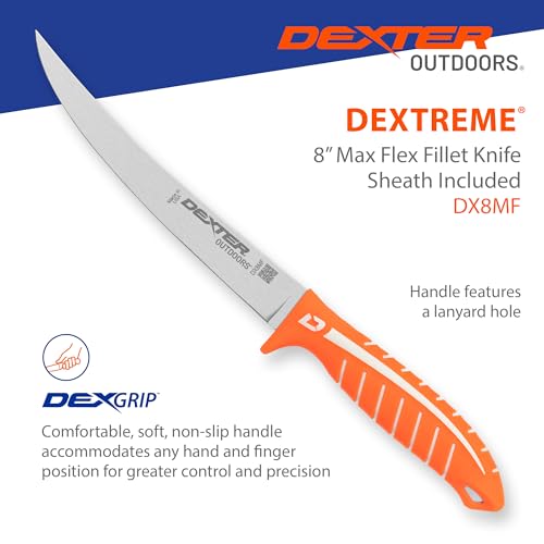 Dexter Outdoors Dextreme Single Edge 8" Max Flex Fillet Knife, Sheath | Max flex single edge stainless blade hugs the backbone for thin fillets. Protective sheath included for safe transport. - style: 8" Single Edge Max Flex