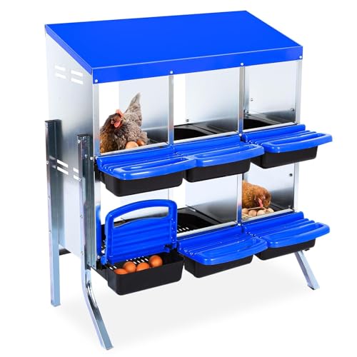 Chicken Nesting Boxes, 6 Hole Metal Chicken Laying Box with with Removable Trays and Roll Out Egg Collection for Chicken Coop, with Metal Bracket, Blue - color: Blue, size: 35.4"L x 17.5"W x 9.1"H