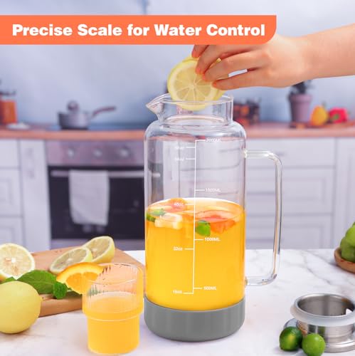 Aofmee 68oz Glass Pitcher with Lid and Handle for Fridge, Grey Silicone | Iced Tea Pitcher for Fridge, Borosilicate Glass Carafe, Sun Tea Jar, Dual Pour Stainless Lid, Dishwasher Safe - color: Grey Silicone