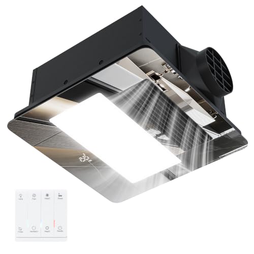 Hawkrown 4-in-1 Bathroom Exhaust Fan with Light and Heater, Mirror Black Exhaust Fan, 3CCT Lighting, Strong and Weak Heating, Quiet & Powerful for Ventilation, Remote Control - color: Mirror Black