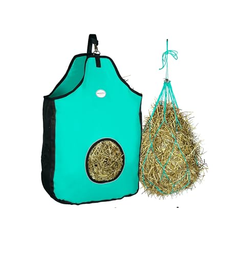 Majestic Ally 1200 D Hay Feeder Tote Bag for Horses, Sheep with Reflective Trim- Reduces Waste - Comes with 36” Hay Net. (Turquoise) - color: Turquoise