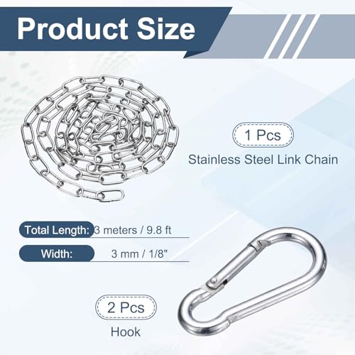 304 Stainless Steel Link Chain with 2 Hook (1/8" x 9.8 ft / 3 m x 3 Mm) - Utility Hanging Coil Chain Link Locking Pulling for Outdoor Fence Pet Dog - size: 1/8" x 9.8 ft(3 m x 3 Mm)