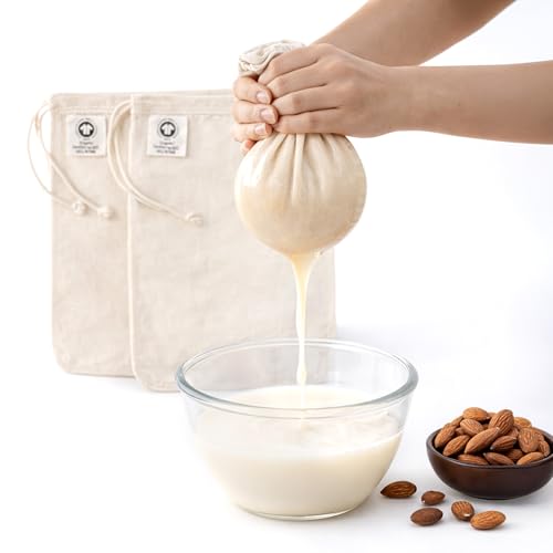 Quality Nut Milk Bags for Straining Almond Milk - 2 Pack Unbleached Organic Cotton - 12" x 12" Reusable Juice Oat Milk Cold Brew Filter Bag