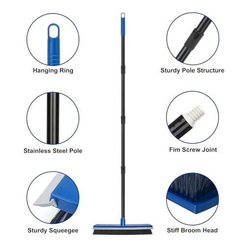 16 Inch 2-in-1 Squeegee Push Broom Outdoor Deck Brush 58" Long Handle for Patio Garage Warehouse Driveway Concrete Floor Cleaning Scrubbing(Blue)