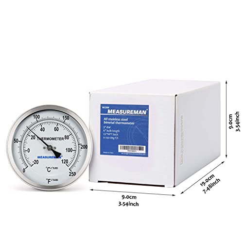 MEASUREMAN Fully Stainless Steel Pot, Kettle, Brewing Bimetal Dial Thermometer, 3" Dial, 6" Stem, 0-250 deg F/-20-120 deg C, -1% Accuracy, Adjustable, 1/2" NPT Back Mount - size: 3" Dial, 6" Stem, 0-250 deg F/-20-120 deg C, style: 6" Stem