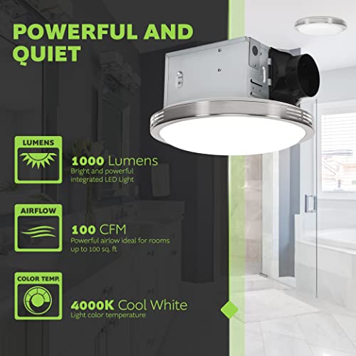 Homewerks 7105-07 Bathroom Fan with LED Light Ceiling Mount Exhaust Ventilation Silent 2.5 Sones 100 CFM, Decorative Brushed Nickel Trim - color: 100 CFM Brushed Nickel