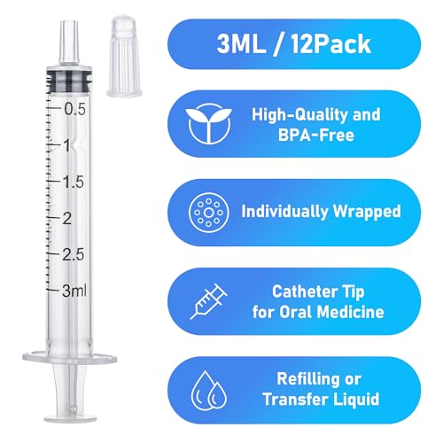 12Pack 3ml Syringes with Cap, Oral Syringe without Needle for Liquid, Measuring, Refilling, Oil, Glue Applicator - style: 3ML