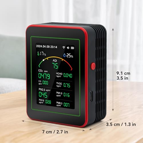 15-in-1 Air Quality Monitor with WiFi, Indoor Temperature Humidity Sensor, Real-Time Display, App Control, Portable for Home and Office