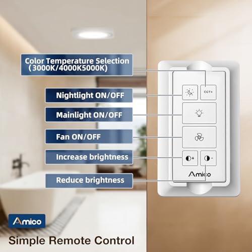 Amico Bathroom Exhaust Fan with Light, 80 CFM, 1.0 Sones, 3CCT & Nightlight | Ceiling Opening 7.6'' x 7.3'', Retrofit Ventilation Fan with 1400LM 18W LED Light, 3000K/4000K/5000K, Remote, FCC Certified