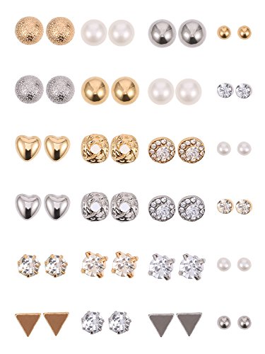 BBTO 24 Pairs Stud Earrings, Crystal Pearl Ear Stud for Women | Earrings, Alloy and Gold, Sliver Gold Black, for Men Women Loved Ones and Friends - color: Sliver & Gold
