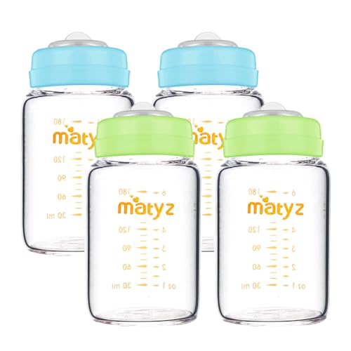 Matyz Glass Breastmilk Storage Containers, 4 Pack, 6 oz Bottle, Fit with Spectra Medela Avent Pump - Wide Mouth Breastmilk Collection and Storage Bottle with Lids - No BPA (2 Green & 2 Blue Lids) - color: [Pack of 4] 2 Green & 2 Blue Lids - 6 Ounce Clear