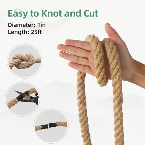 Natural Jute Rope, Heavy Duty Thick Rope, 1 in x 25 ft | For indoor and outdoor crafts, nautical rope decor, railings, hammocks, swings, gardening and tug of war - size: 1 in x 25 ft